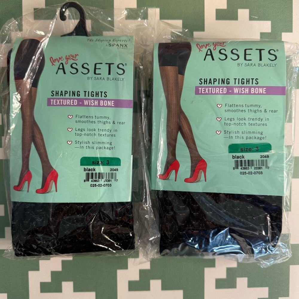 Spanx Assets Tights Pantyhose Lot of 2 Black Stripe Texture Pattern Size 3 NWT